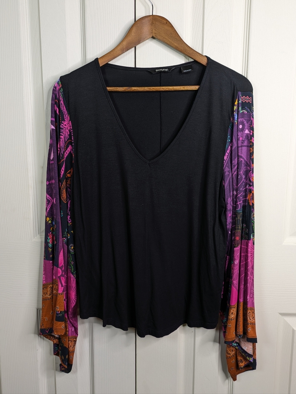 Desigual Moments Top Large Black Patch Print Floral Flared Sleeve Festival Boho - Picture 3 of 10